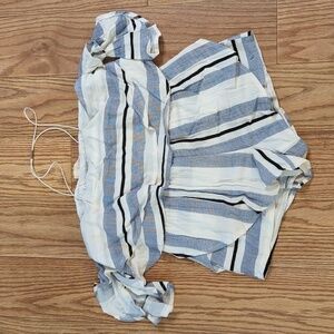 Blue and white striped off-shoulder romper, flutter sleeves, American Threads M